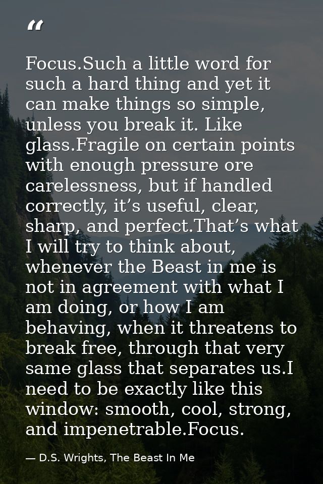 Focus.Such a little word for such a hard thing and yet it can make things so simple, unless you break it. Like glass.Fra — D.S. Wrights, The Beast In Me