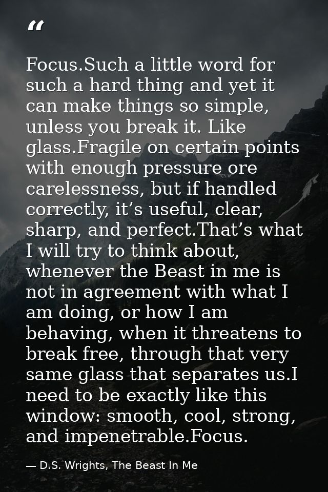 Focus.Such a little word for such a hard thing and yet it can make things so simple, unless you break it. Like glass.Fra — D.S. Wrights, The Beast In Me