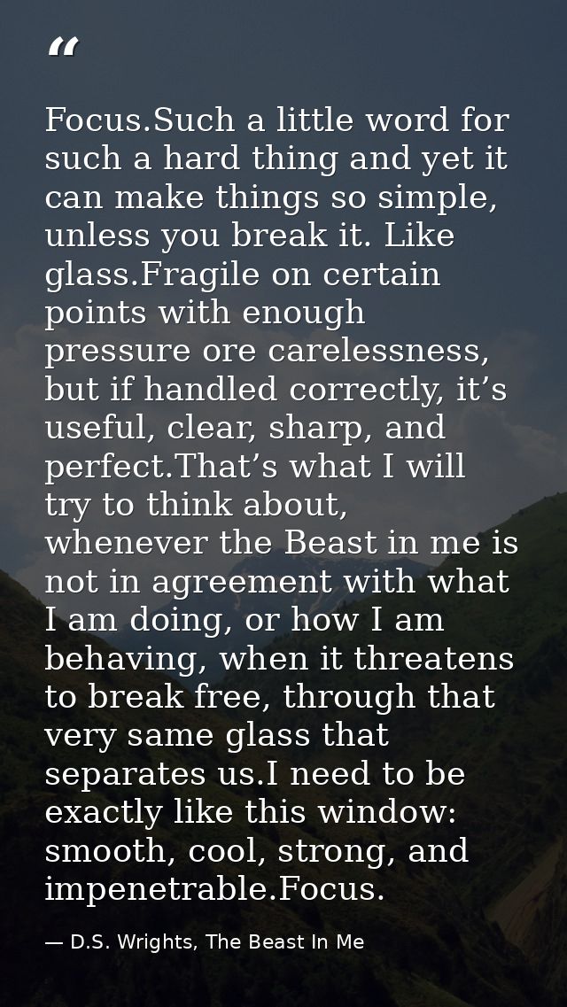 Focus.Such a little word for such a hard thing and yet it can make things so simple, unless you break it. Like glass.Fra — D.S. Wrights, The Beast In Me
