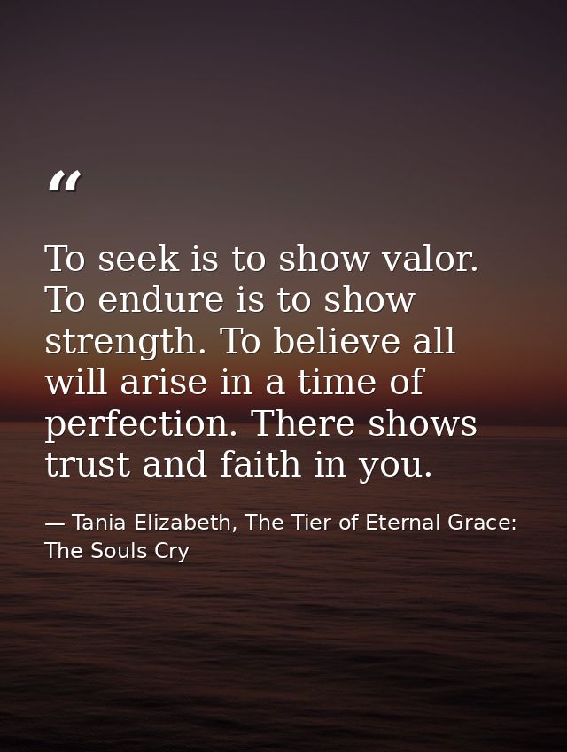 To seek is to show valor. To endure is to show strength. To believe all will arise in a time of perfection. There shows  — Tania Elizabeth, The Tier of Eternal Grace: The Souls Cry