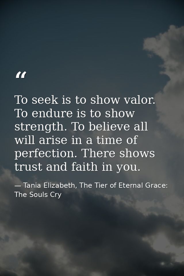 To seek is to show valor. To endure is to show strength. To believe all will arise in a time of perfection. There shows  — Tania Elizabeth, The Tier of Eternal Grace: The Souls Cry