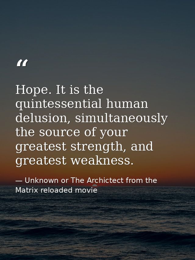 Hope. It is the quintessential human delusion, simultaneously the source of your greatest strength, and greatest weaknes — Unknown or The Archictect from the Matrix reloaded movie
