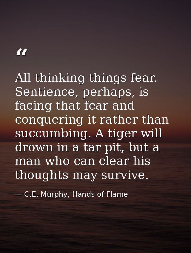 All thinking things fear. Sentience, perhaps, is facing that fear and conquering it rather than succumbing. A tiger will — C.E. Murphy, Hands of Flame