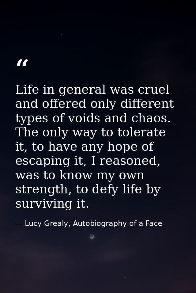 Life in general was cruel and offered only different types of voids and chaos. The only way to tolerate it, to have any  — Lucy Grealy, Autobiography of a Face