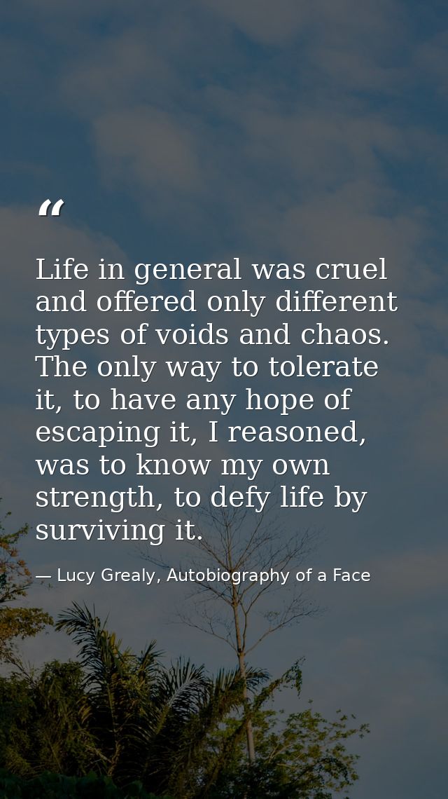 Life in general was cruel and offered only different types of voids and chaos. The only way to tolerate it, to have any  — Lucy Grealy, Autobiography of a Face