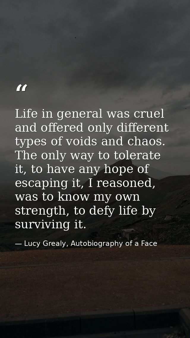 Life in general was cruel and offered only different types of voids and chaos. The only way to tolerate it, to have any  — Lucy Grealy, Autobiography of a Face