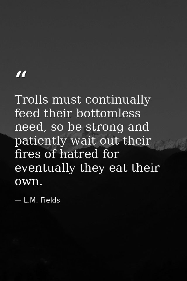 Trolls must continually feed their bottomless need, so be strong and patiently wait out their fires of hatred for eventu — L.M. Fields