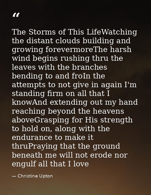 The Storms of This LifeWatching the distant clouds building and growing forevermoreThe harsh wind begins rushing thru th — Christine Upton