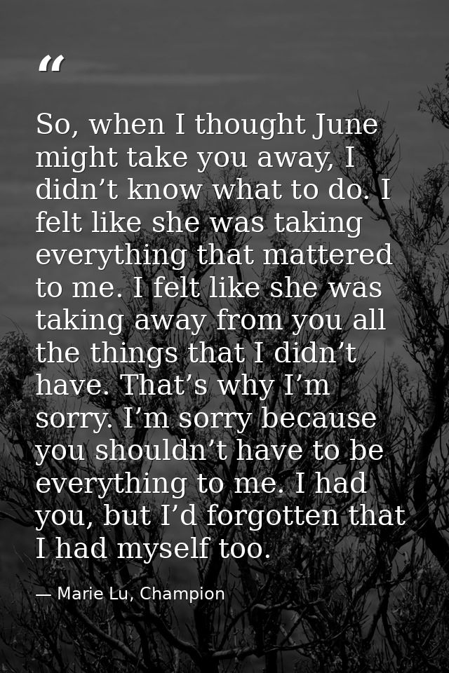 So, when I thought June might take you away, I didn’t know what to do. I felt like she was taking everything that matter — Marie Lu, Champion