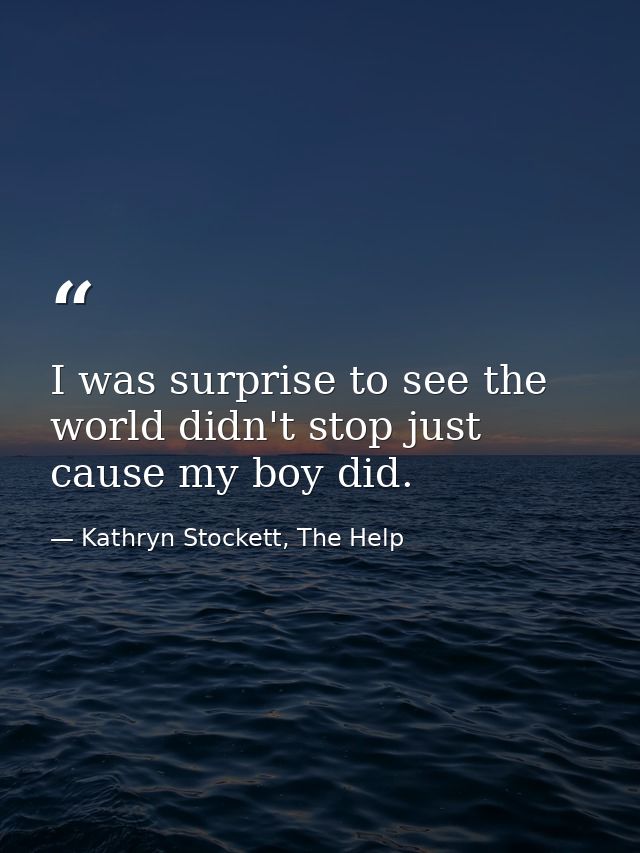 I was surprise to see the world didn't stop just cause my boy did. — Kathryn Stockett, The Help