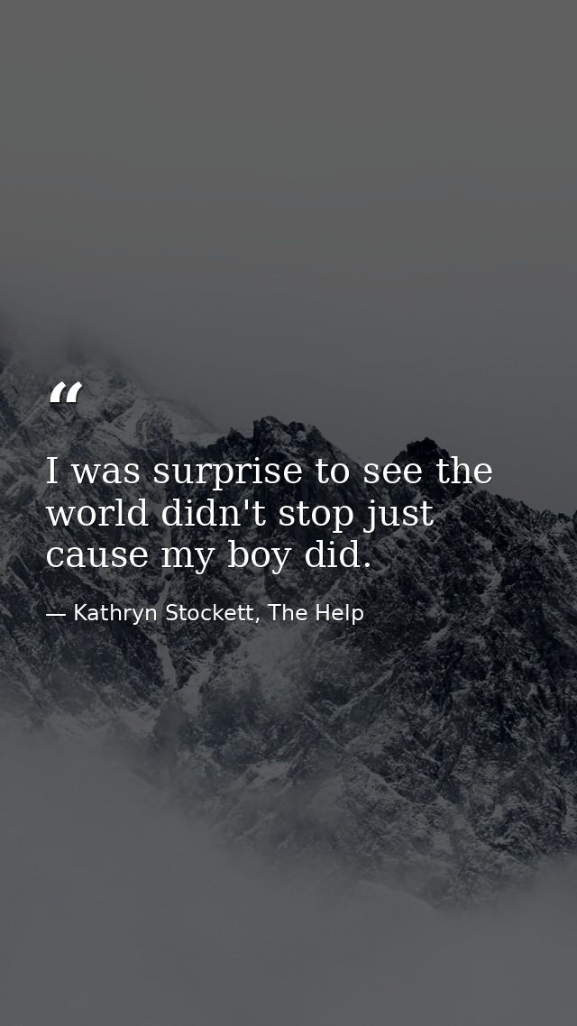 I was surprise to see the world didn't stop just cause my boy did. — Kathryn Stockett, The Help