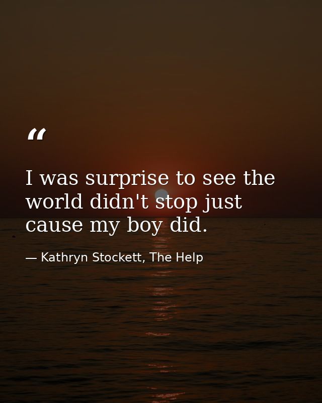 I was surprise to see the world didn't stop just cause my boy did. — Kathryn Stockett, The Help