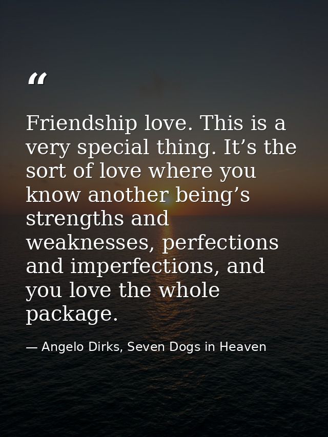 Friendship love. This is a very special thing. It’s the sort of love where you know another being’s strengths and weakne — Angelo Dirks, Seven Dogs in Heaven