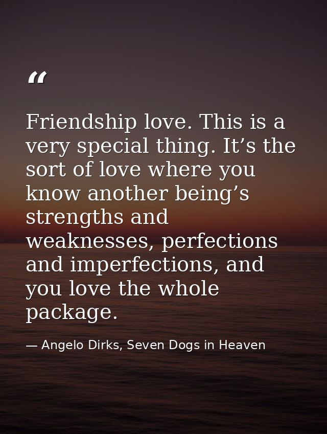 Friendship love. This is a very special thing. It’s the sort of love where you know another being’s strengths and weakne — Angelo Dirks, Seven Dogs in Heaven