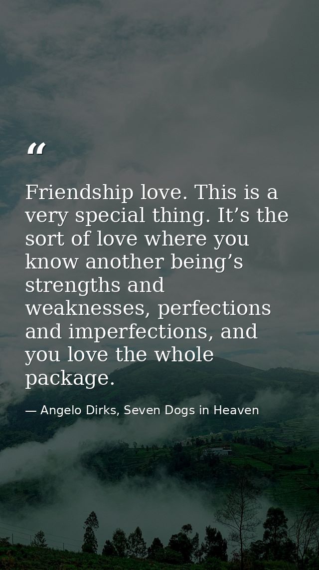 Friendship love. This is a very special thing. It’s the sort of love where you know another being’s strengths and weakne — Angelo Dirks, Seven Dogs in Heaven