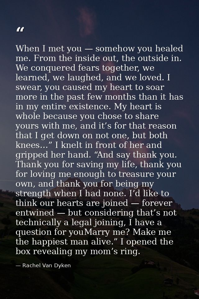 When I met you — somehow you healed me. From the inside out, the outside in. We conquered fears together, we learned, we — Rachel Van Dyken