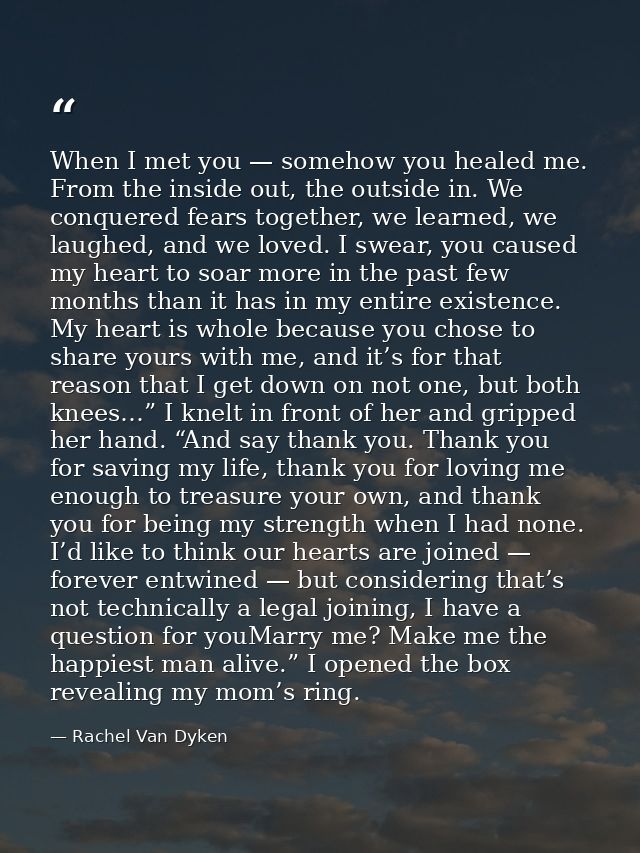 When I met you — somehow you healed me. From the inside out, the outside in. We conquered fears together, we learned, we — Rachel Van Dyken