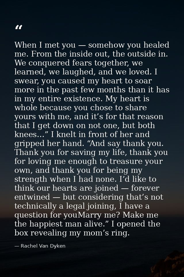 When I met you — somehow you healed me. From the inside out, the outside in. We conquered fears together, we learned, we — Rachel Van Dyken