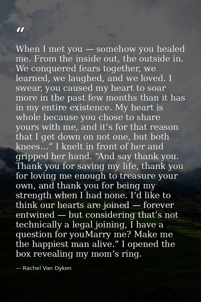 When I met you — somehow you healed me. From the inside out, the outside in. We conquered fears together, we learned, we — Rachel Van Dyken
