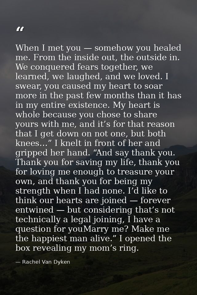 When I met you — somehow you healed me. From the inside out, the outside in. We conquered fears together, we learned, we — Rachel Van Dyken