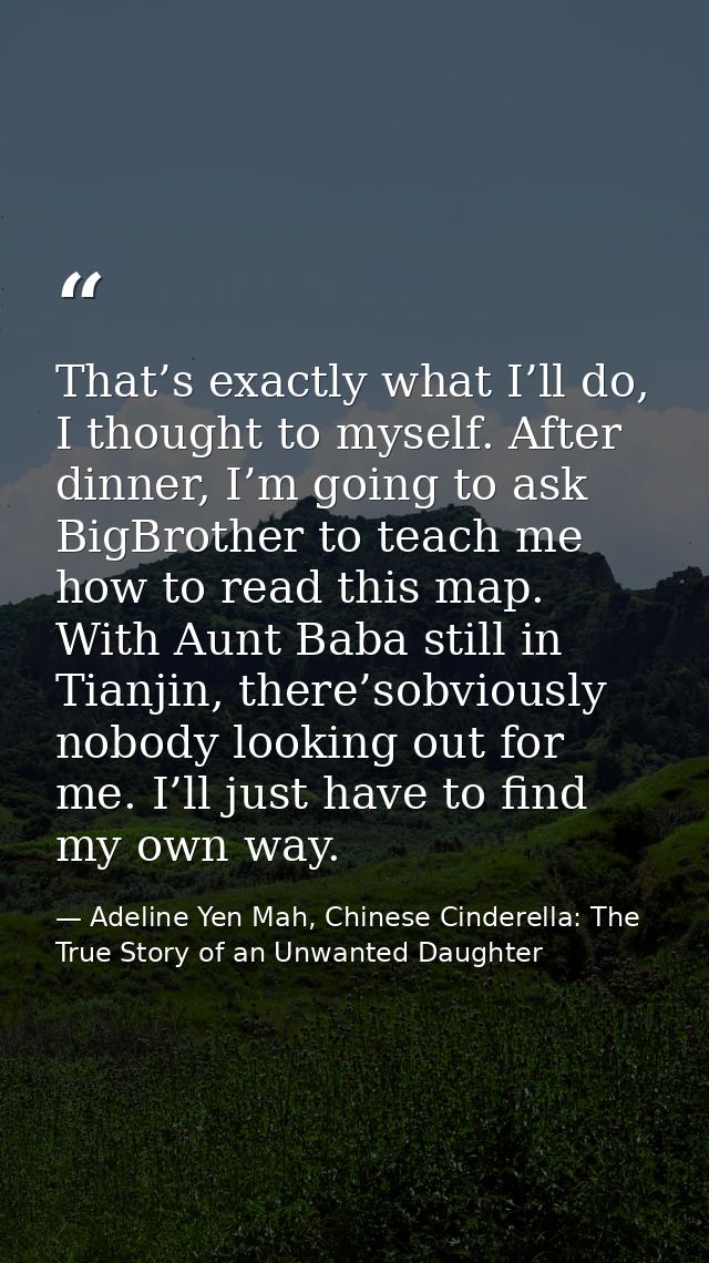 That’s exactly what I’ll do, I thought to myself. After dinner, I’m going to ask BigBrother to teach me how to read this — Adeline Yen Mah, Chinese Cinderella: The True Story of an Unwanted Daughter