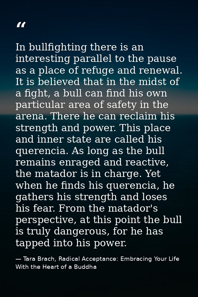 In bullfighting there is an interesting parallel to the pause as a place of refuge and renewal. It is believed that in t — Tara Brach, Radical Acceptance: Embracing Your Life With the Heart of a Buddha