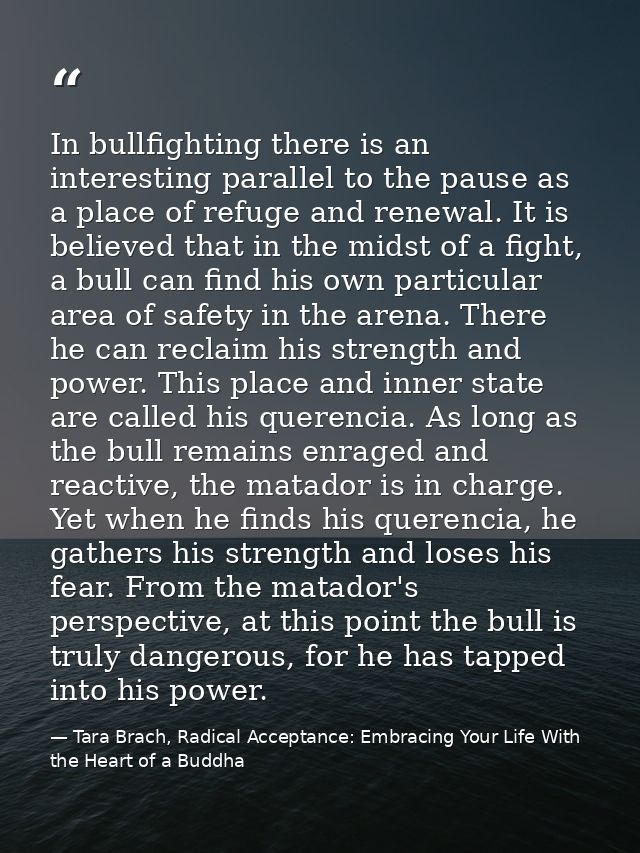 In bullfighting there is an interesting parallel to the pause as a place of refuge and renewal. It is believed that in t — Tara Brach, Radical Acceptance: Embracing Your Life With the Heart of a Buddha