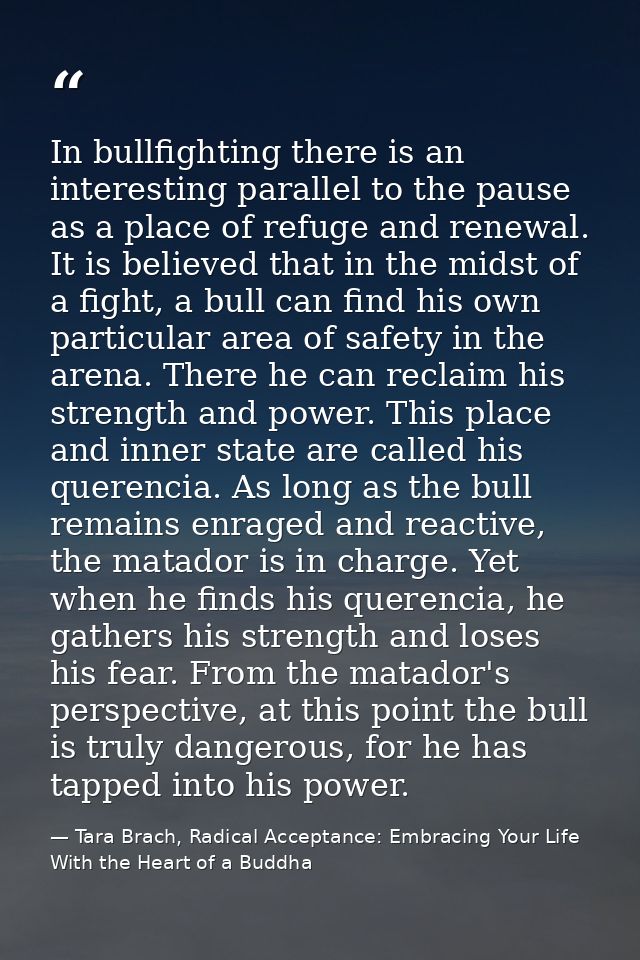In bullfighting there is an interesting parallel to the pause as a place of refuge and renewal. It is believed that in t — Tara Brach, Radical Acceptance: Embracing Your Life With the Heart of a Buddha