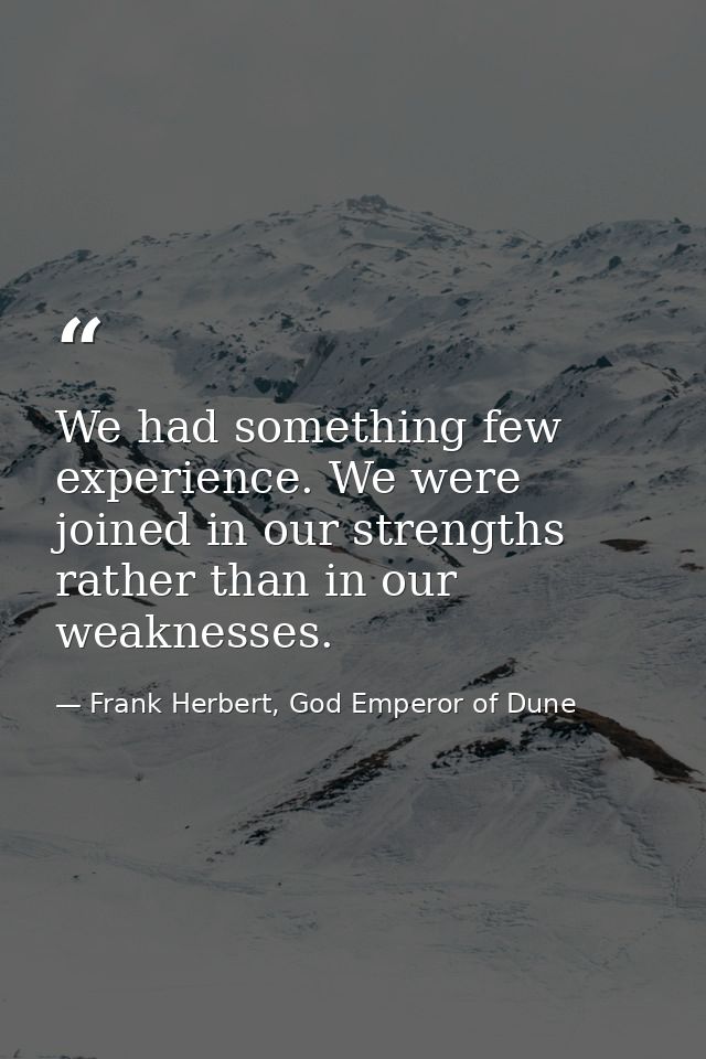 We had something few experience. We were joined in our strengths rather than in our weaknesses. — Frank Herbert, God Emperor of Dune