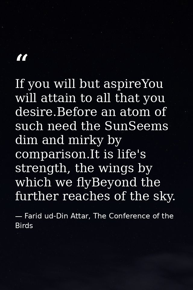 If you will but aspireYou will attain to all that you desire.Before an atom of such need the SunSeems dim and mirky by c — Farid ud-Din Attar, The Conference of the Birds