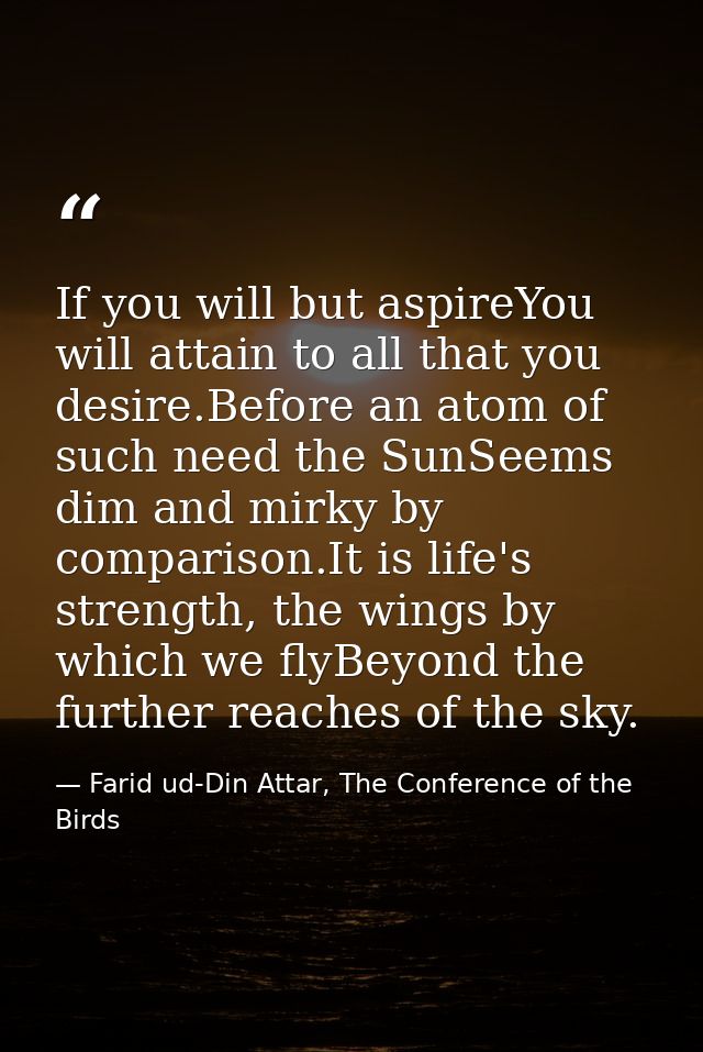 If you will but aspireYou will attain to all that you desire.Before an atom of such need the SunSeems dim and mirky by c — Farid ud-Din Attar, The Conference of the Birds