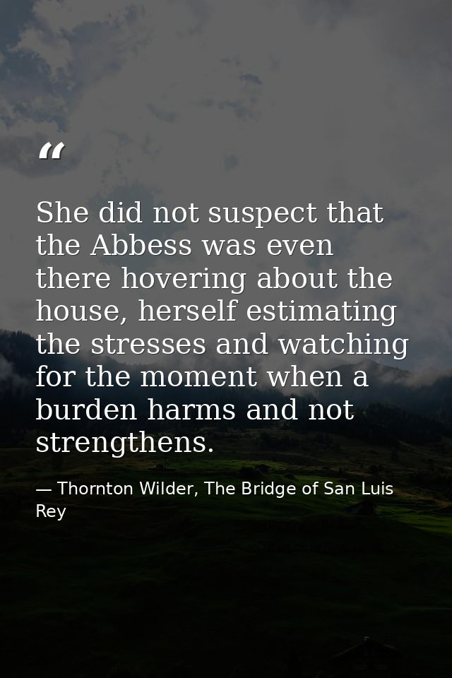 She did not suspect that the Abbess was even there hovering about the house, herself estimating the stresses and watchin — Thornton Wilder, The Bridge of San Luis Rey