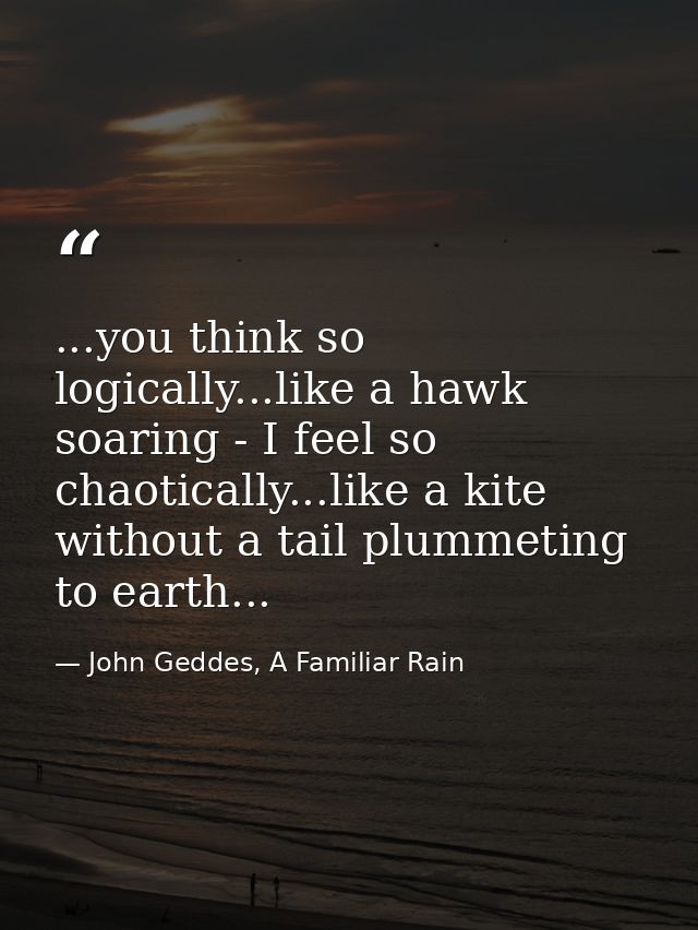 ...you think so logically...like a hawk soaring - I feel so chaotically...like a kite without a tail plummeting to earth — John Geddes, A Familiar Rain