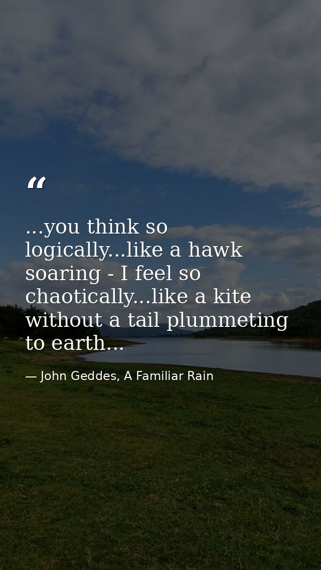 ...you think so logically...like a hawk soaring - I feel so chaotically...like a kite without a tail plummeting to earth — John Geddes, A Familiar Rain