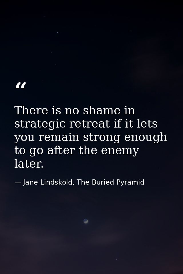 There is no shame in strategic retreat if it lets you remain strong enough to go after the enemy later. — Jane Lindskold, The Buried Pyramid