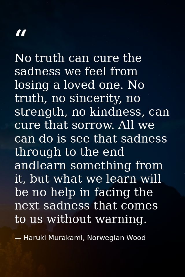 No truth can cure the sadness we feel from losing a loved one. No truth, no sincerity, no strength, no kindness, can cur — Haruki Murakami, Norwegian Wood