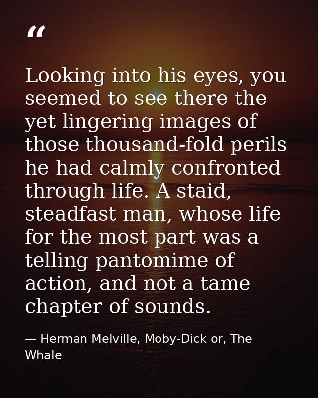 Looking into his eyes, you seemed to see there the yet lingering images of those thousand-fold perils he had calmly conf — Herman Melville, Moby-Dick or, The Whale