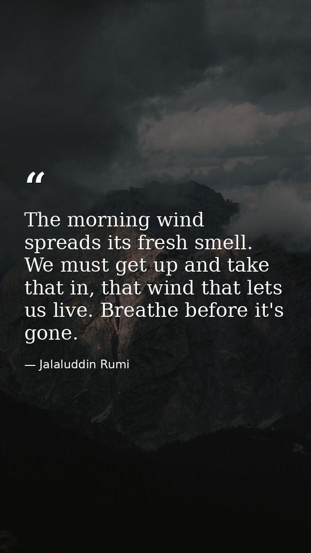 The morning wind spreads its fresh smell. We must get up and take that in, that wind that lets us live. Breathe before i — Jalaluddin Rumi