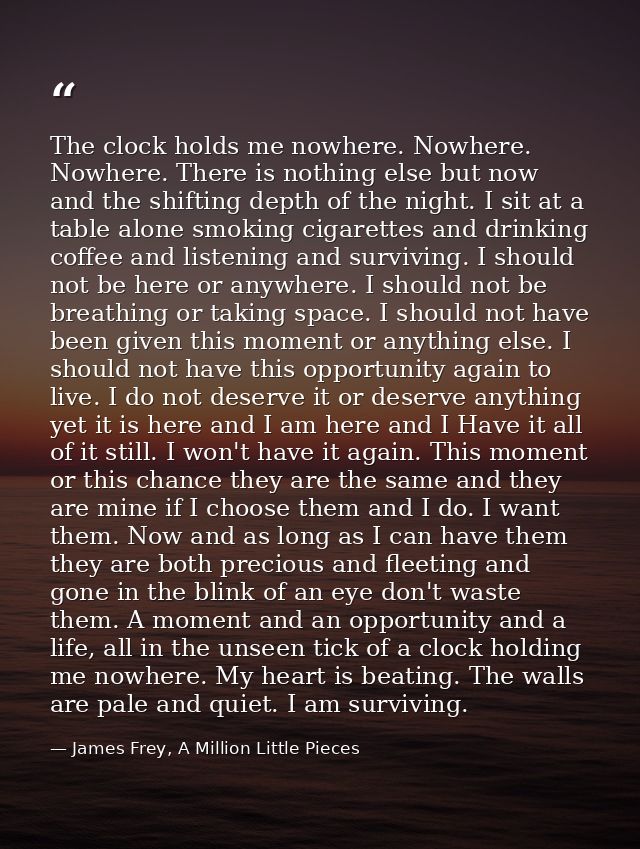 The clock holds me nowhere. Nowhere. Nowhere. There is nothing else but now and the shifting depth of the night. I sit a — James Frey, A Million Little Pieces