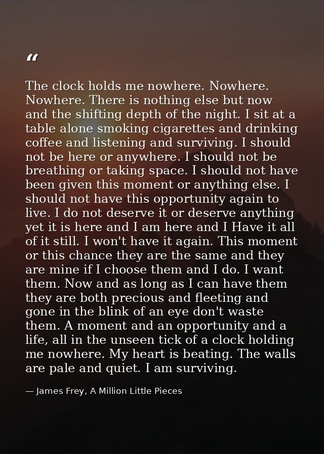 The clock holds me nowhere. Nowhere. Nowhere. There is nothing else but now and the shifting depth of the night. I sit a — James Frey, A Million Little Pieces