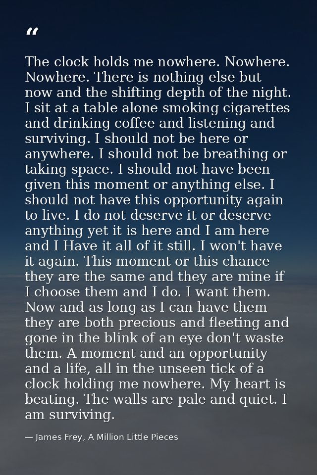 The clock holds me nowhere. Nowhere. Nowhere. There is nothing else but now and the shifting depth of the night. I sit a — James Frey, A Million Little Pieces