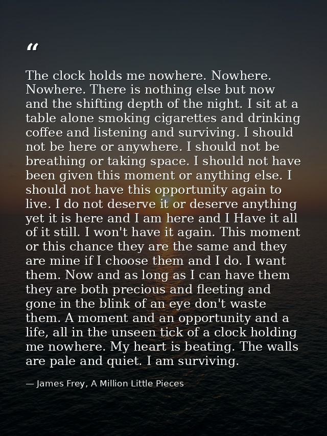 The clock holds me nowhere. Nowhere. Nowhere. There is nothing else but now and the shifting depth of the night. I sit a — James Frey, A Million Little Pieces