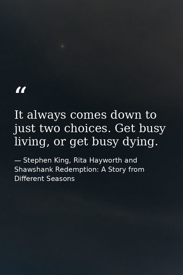 It always comes down to just two choices. Get busy living, or get busy dying. — Stephen King, Rita Hayworth and Shawshank Redemption: A Story from Different Seasons