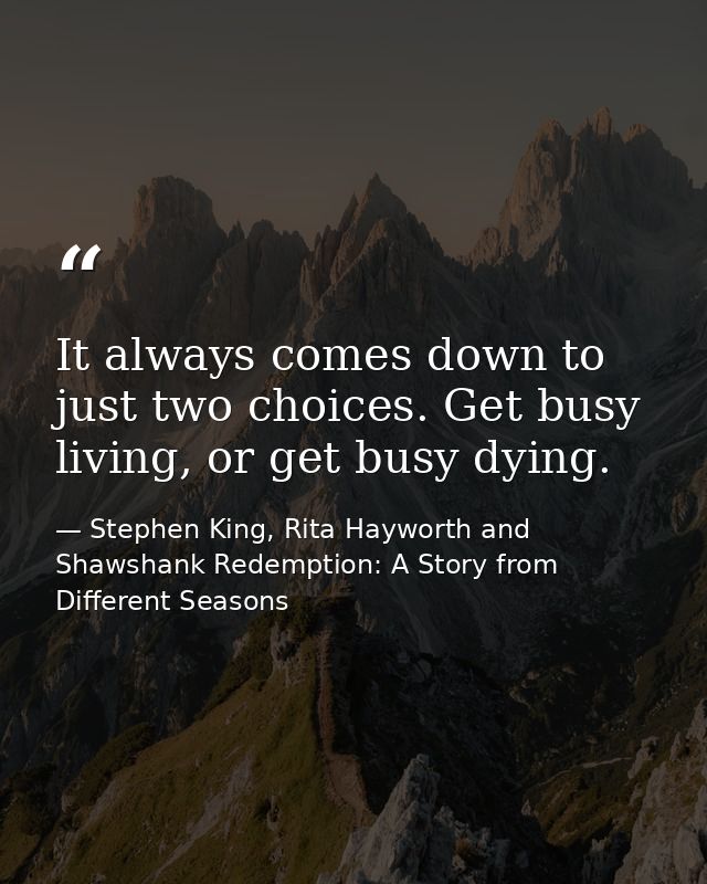 It always comes down to just two choices. Get busy living, or get busy dying. — Stephen King, Rita Hayworth and Shawshank Redemption: A Story from Different Seasons