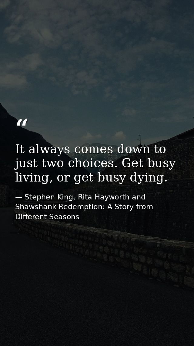 It always comes down to just two choices. Get busy living, or get busy dying. — Stephen King, Rita Hayworth and Shawshank Redemption: A Story from Different Seasons