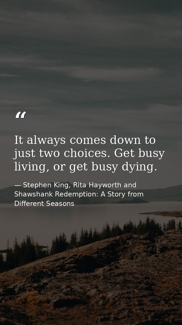 It always comes down to just two choices. Get busy living, or get busy dying. — Stephen King, Rita Hayworth and Shawshank Redemption: A Story from Different Seasons
