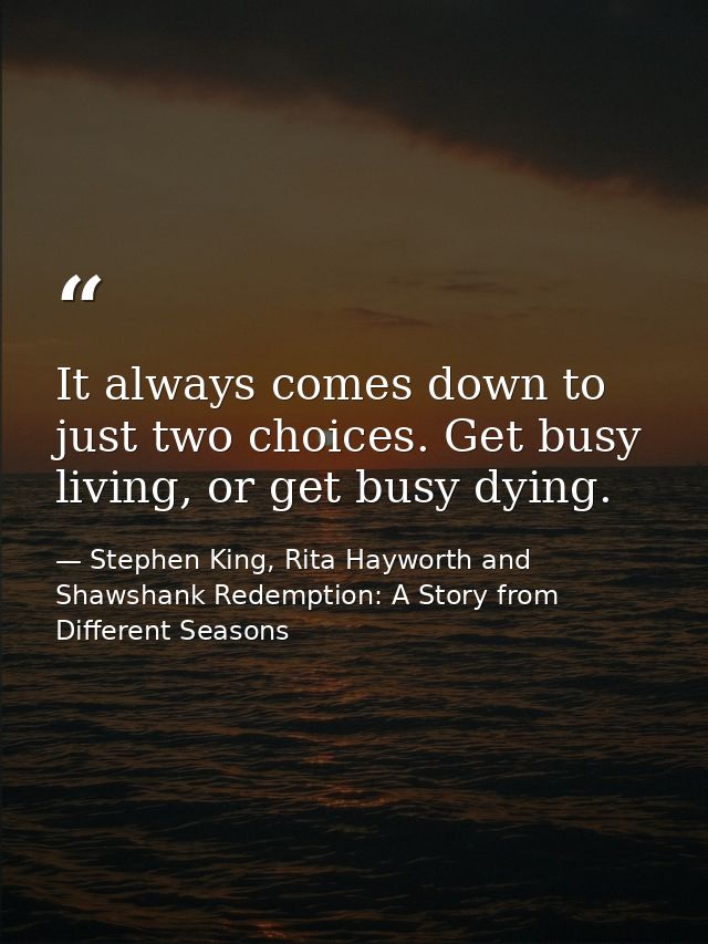 It always comes down to just two choices. Get busy living, or get busy dying. — Stephen King, Rita Hayworth and Shawshank Redemption: A Story from Different Seasons