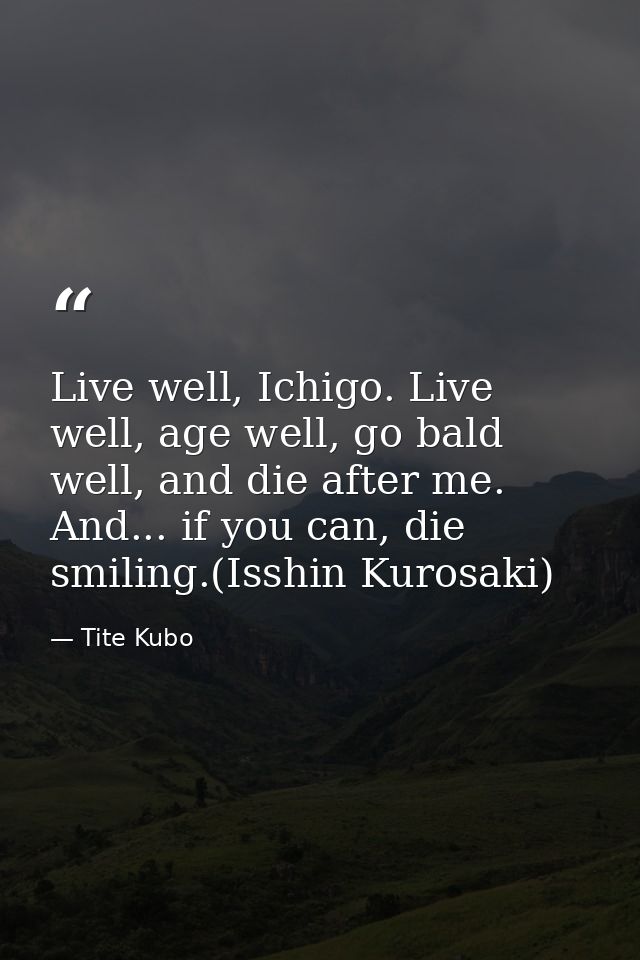 Live well, Ichigo. Live well, age well, go bald well, and die after me. And... if you can, die smiling.(Isshin Kurosaki) — Tite Kubo