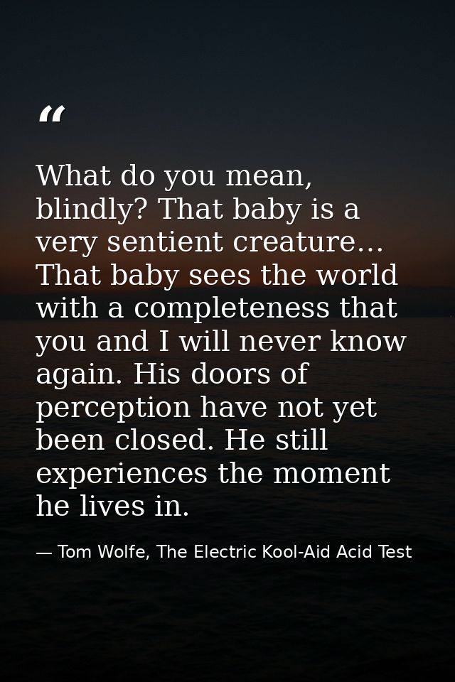 What do you mean, blindly? That baby is a very sentient creature… That baby sees the world with a completeness that you  — Tom Wolfe, The Electric Kool-Aid Acid Test