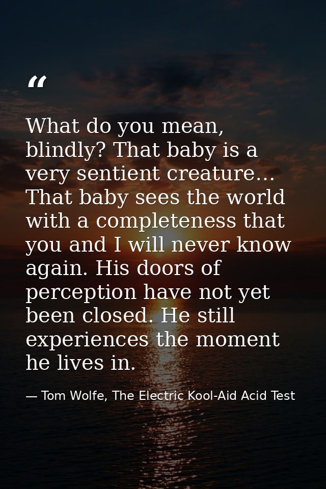What do you mean, blindly? That baby is a very sentient creature… That baby sees the world with a completeness that you  — Tom Wolfe, The Electric Kool-Aid Acid Test